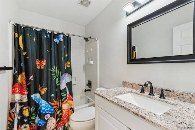 full bathroom with vanity, toilet, shower / bathtub combination with curtain, and visible vents