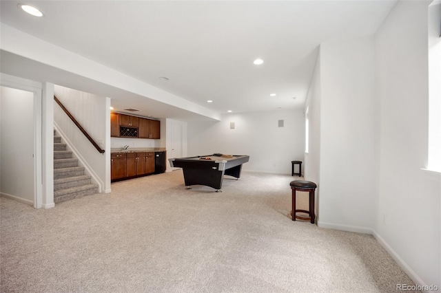 4400 S Ensenada St, Aurora, CO 80015 - playroom with light carpet, recessed lighting, bar area, billiards, and baseboards