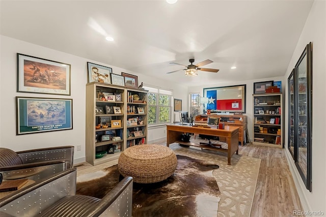 office area featuring ceiling fan and light hardwood / wood-style flooring