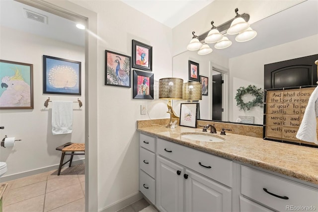 bathroom featuring vanity, toilet, curtained shower, and tile patterned flooring