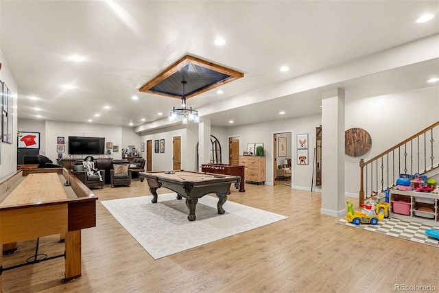 game room with pool table and light wood-type flooring