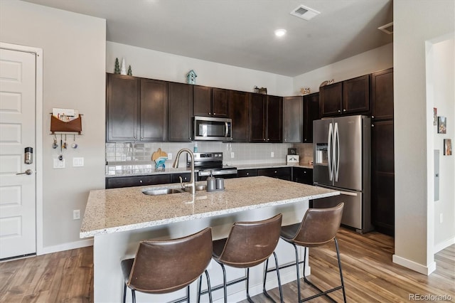 kitchen featuring backsplash, visible vents, appliances with stainless steel finishes, and a sink