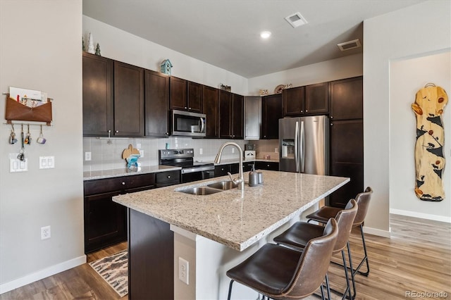 kitchen featuring visible vents, a breakfast bar, a sink, stainless steel appliances, and backsplash