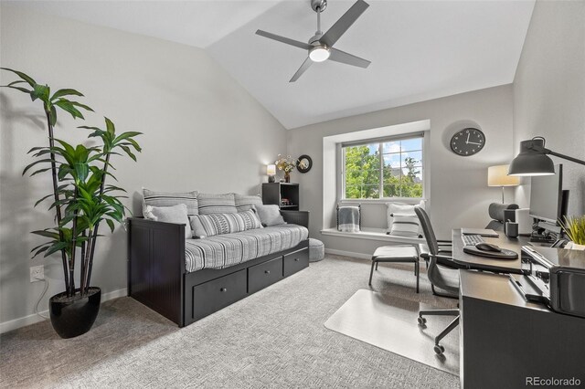 2528 Concord Cir, Lafayette, CO 80026 - carpeted bedroom with vaulted ceiling, a desk, and a ceiling fan