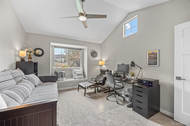 2528 Concord Cir, Lafayette, CO 80026 - carpeted home office featuring a ceiling fan and vaulted ceiling