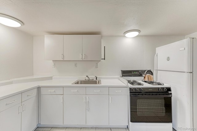 1838 Mountain Daisy Ct, Highlands Ranch, CO 80129 - kitchen with gas range oven, a sink, freestanding refrigerator, light countertops, and a textured ceiling