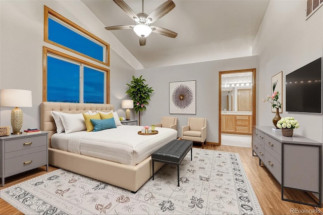 1838 Mountain Daisy Ct, Highlands Ranch, CO 80129 - bedroom featuring vaulted ceiling, light wood-style flooring, ensuite bathroom, and a ceiling fan