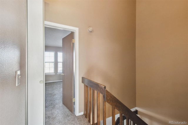 hallway featuring carpet floors and a textured ceiling