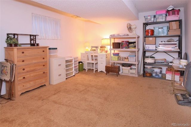 carpeted home office with a textured ceiling