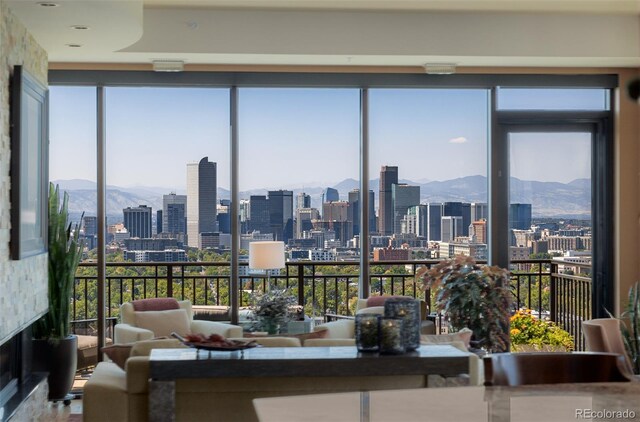 interior space featuring a mountain view and a fireplace