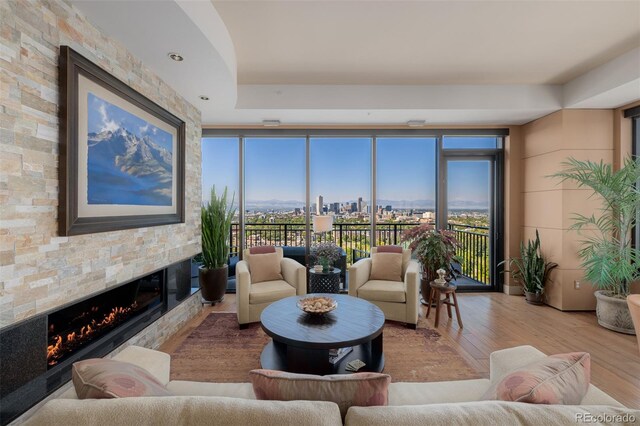 living room with a fireplace and light hardwood / wood-style floors