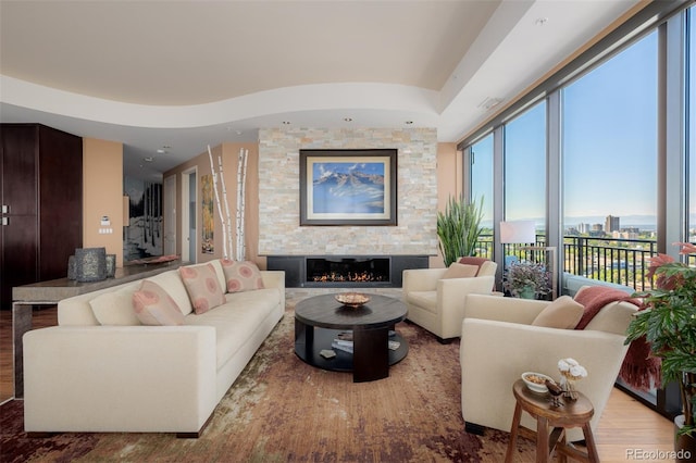 living room with hardwood / wood-style flooring and a stone fireplace