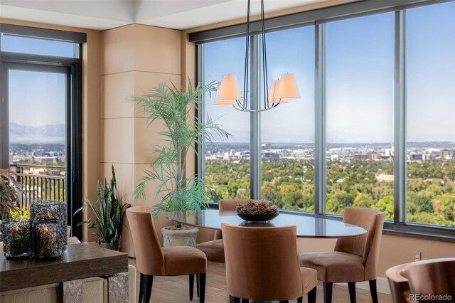 dining room with floor to ceiling windows and hardwood / wood-style floors