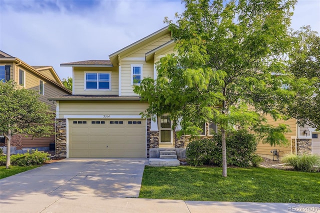 3514 E 141st Dr, Thornton, CO 80602 - craftsman house featuring an attached garage, a front yard, stone siding, and driveway