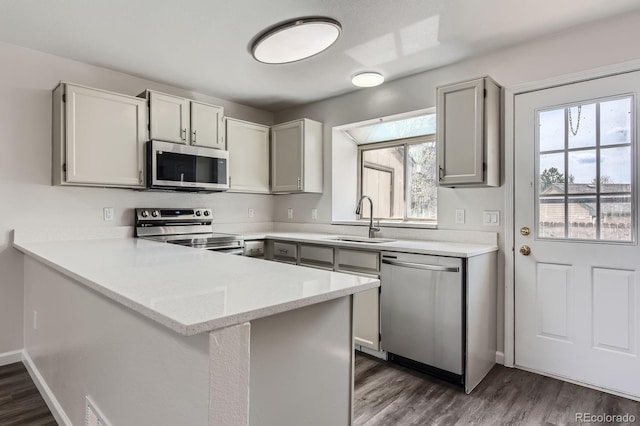 kitchen featuring stainless steel appliances, a sink, healthy amount of natural light, and a peninsula