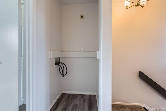 laundry room featuring hookup for a washing machine, baseboards, dark wood-style flooring, and hookup for an electric dryer