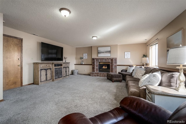 carpeted living area with visible vents, a brick fireplace, and a textured ceiling