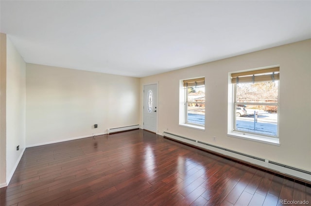 empty room featuring a baseboard radiator and dark hardwood / wood-style floors