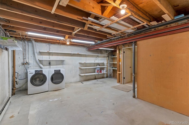 basement featuring separate washer and dryer and a baseboard heating unit