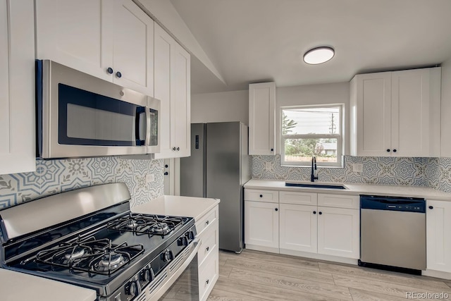 4435-4455 Elizabeth, Denver, CO 80206 - kitchen featuring appliances with stainless steel finishes, light countertops, white cabinetry, and decorative backsplash