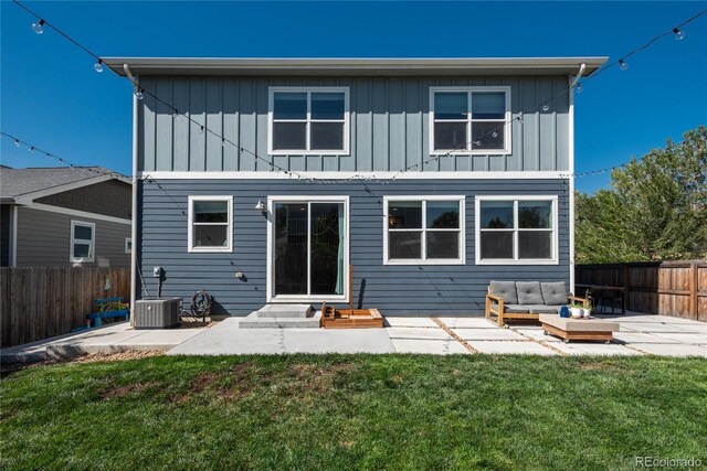 7958 Tejon St, Denver, CO 80221 - rear view of property with outdoor lounge area, a patio, board and batten siding, and central AC unit
