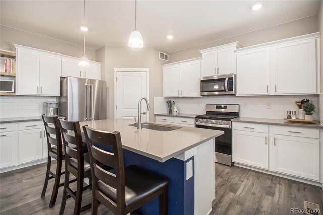 kitchen with visible vents, decorative backsplash, white cabinetry, a sink, and stainless steel appliances
