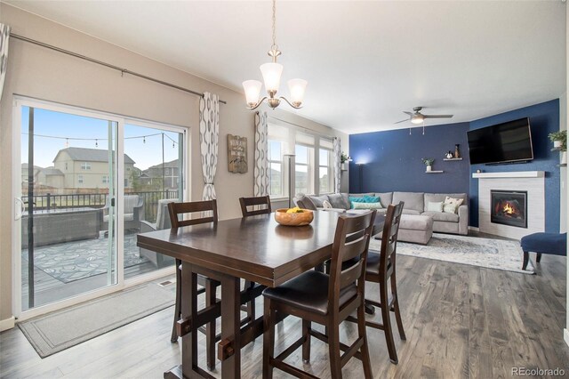 dining room with dark wood-style flooring, a glass covered fireplace, and ceiling fan with notable chandelier
