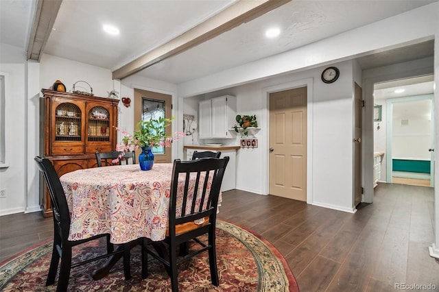 10990 Oehlman Ave, Conifer, CO 80433 - dining room with beam ceiling, dark wood-style floors, and recessed lighting