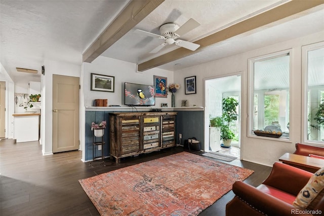 10990 Oehlman Ave, Conifer, CO 80433 - living area featuring beam ceiling, dark wood-style floors, and ceiling fan