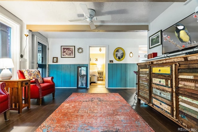 10990 Oehlman Ave, Conifer, CO 80433 - living area with wainscoting, ceiling fan, and dark wood-style flooring