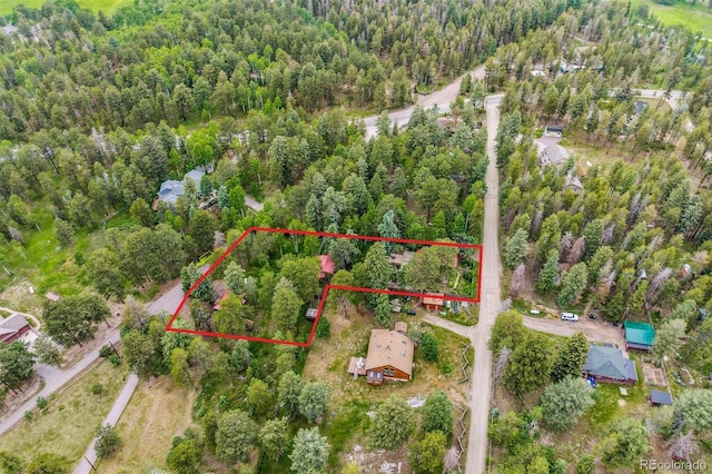 10990 Oehlman Ave, Conifer, CO 80433 - aerial view of property's location with a heavily wooded area and property parcel outlined