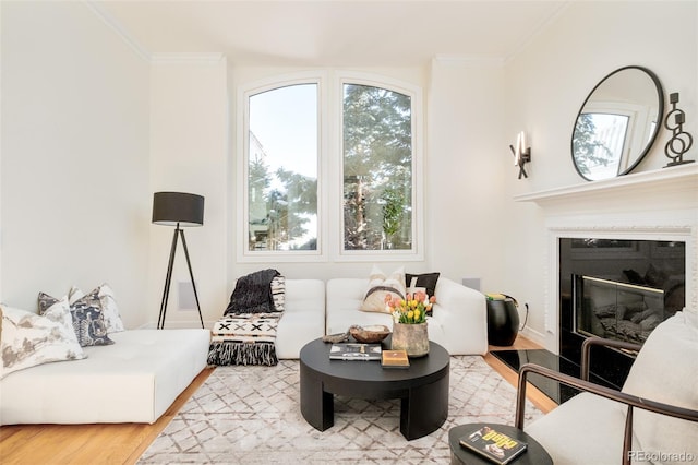 living room with hardwood / wood-style flooring and crown molding