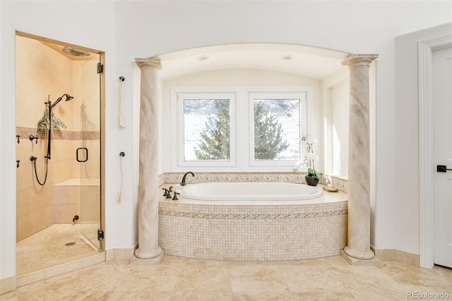 bathroom featuring ornate columns and plus walk in shower