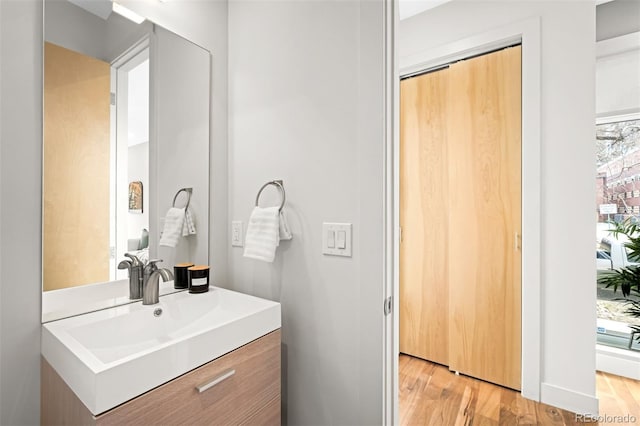 bathroom with vanity and wood finished floors