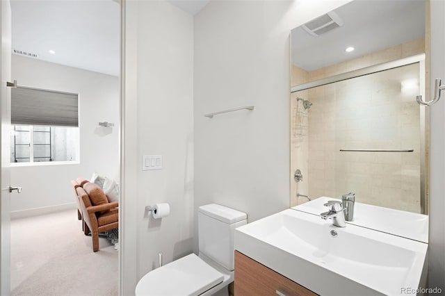 full bath with toilet, a shower, and visible vents