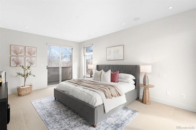 bedroom featuring access to exterior, baseboards, carpet flooring, and recessed lighting