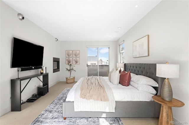 bedroom featuring carpet floors, recessed lighting, and baseboards