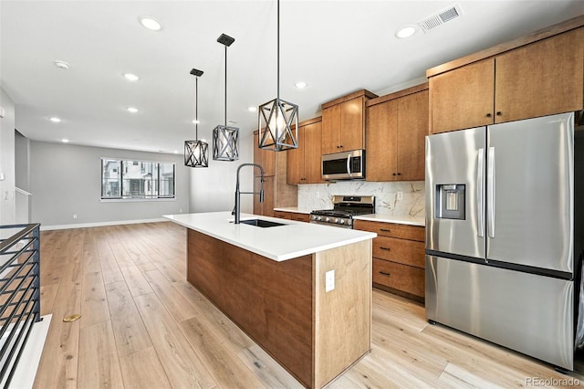 2074 S Holly St Unit 2, Denver, CO 80222 - kitchen with stainless steel appliances, brown cabinetry, decorative backsplash, light wood-style floors, and recessed lighting