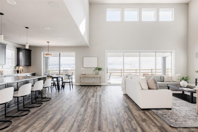 living room featuring dark wood-type flooring and a high ceiling