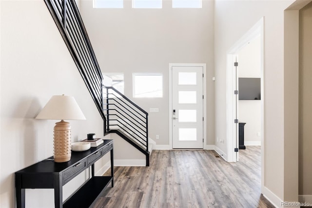 entryway with wood-type flooring and a high ceiling