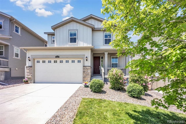 3325 Umber Cir, Castle Rock, CO 80109 - craftsman-style house featuring board and batten siding, a porch, concrete driveway, and stone siding