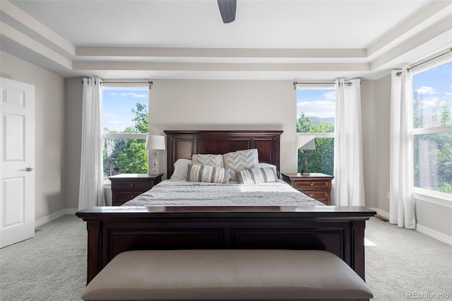 6040 Virgil St, Arvada, CO 80403 - bedroom featuring light carpet, a tray ceiling, baseboards, and ceiling fan