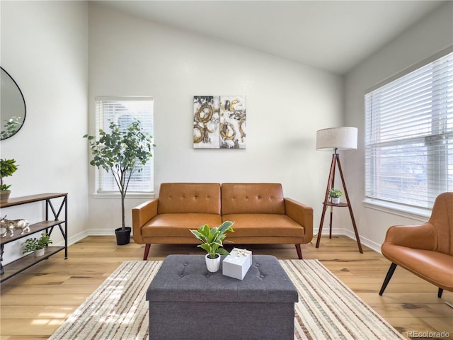 living room featuring vaulted ceiling and hardwood / wood-style floors