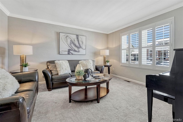 carpeted living room with ornamental molding