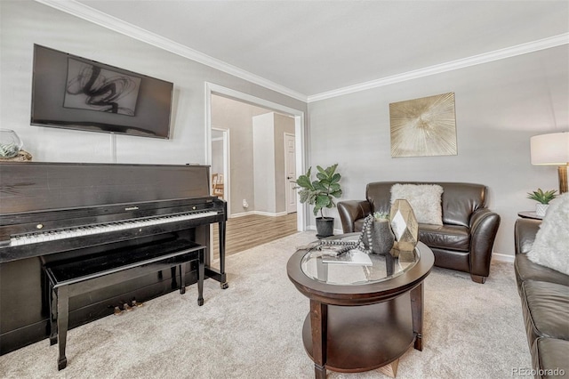 living room with ornamental molding and light carpet