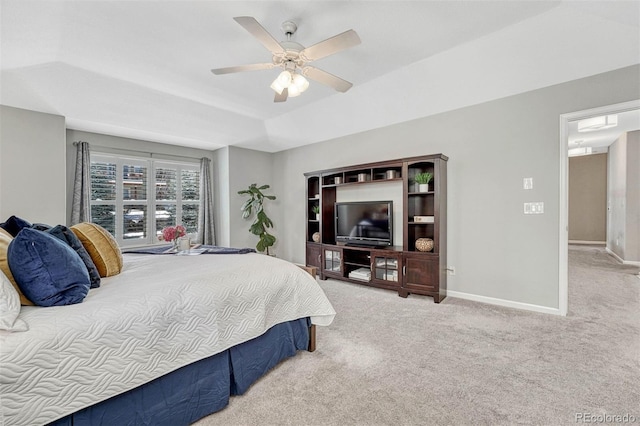 bedroom with light colored carpet and ceiling fan