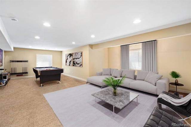 carpeted living room featuring a healthy amount of sunlight and billiards