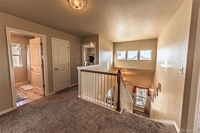 12420 Mount Belford Way, Peyton, CO 80831 - corridor featuring an upstairs landing, a textured wall, carpet floors, a textured ceiling, and baseboards
