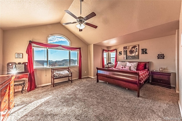 12420 Mount Belford Way, Peyton, CO 80831 - carpeted bedroom with lofted ceiling, a textured ceiling, and a ceiling fan