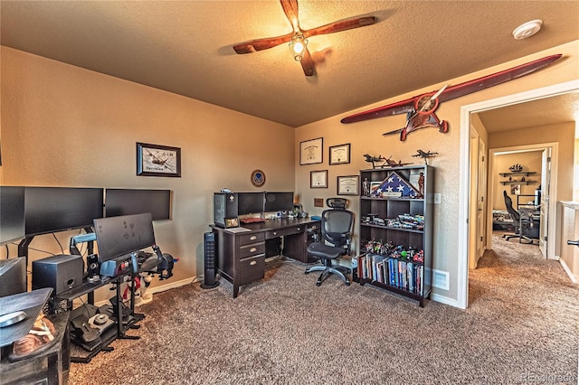 12420 Mount Belford Way, Peyton, CO 80831 - office space featuring carpet flooring, ceiling fan, a textured ceiling, baseboards, and lofted ceiling